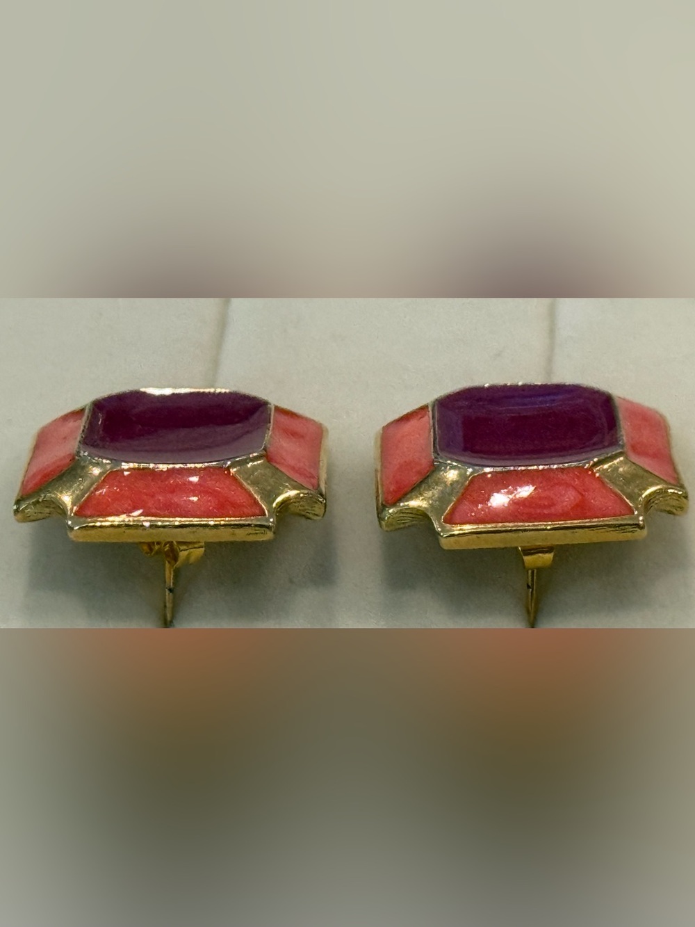 Gold-Tone Purple and Coral Enamel Rectangle Stud Earrings - Picture 7 of 9